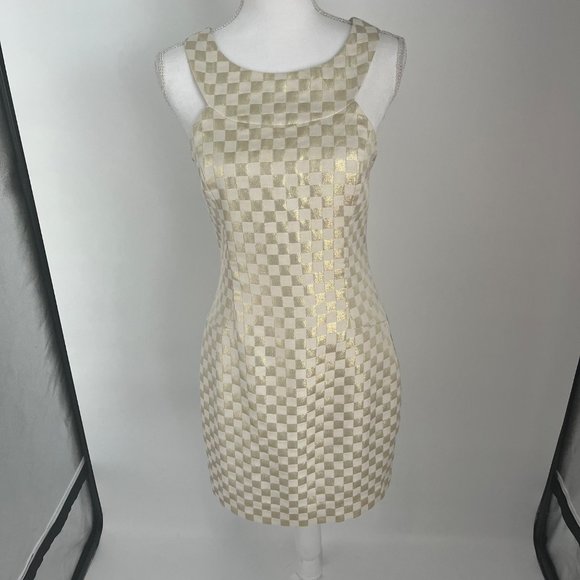 Lilly Pulitzer Jepson Metallic Gold Cream Checkered High Neck Mini Dress - Picture 3 of 10